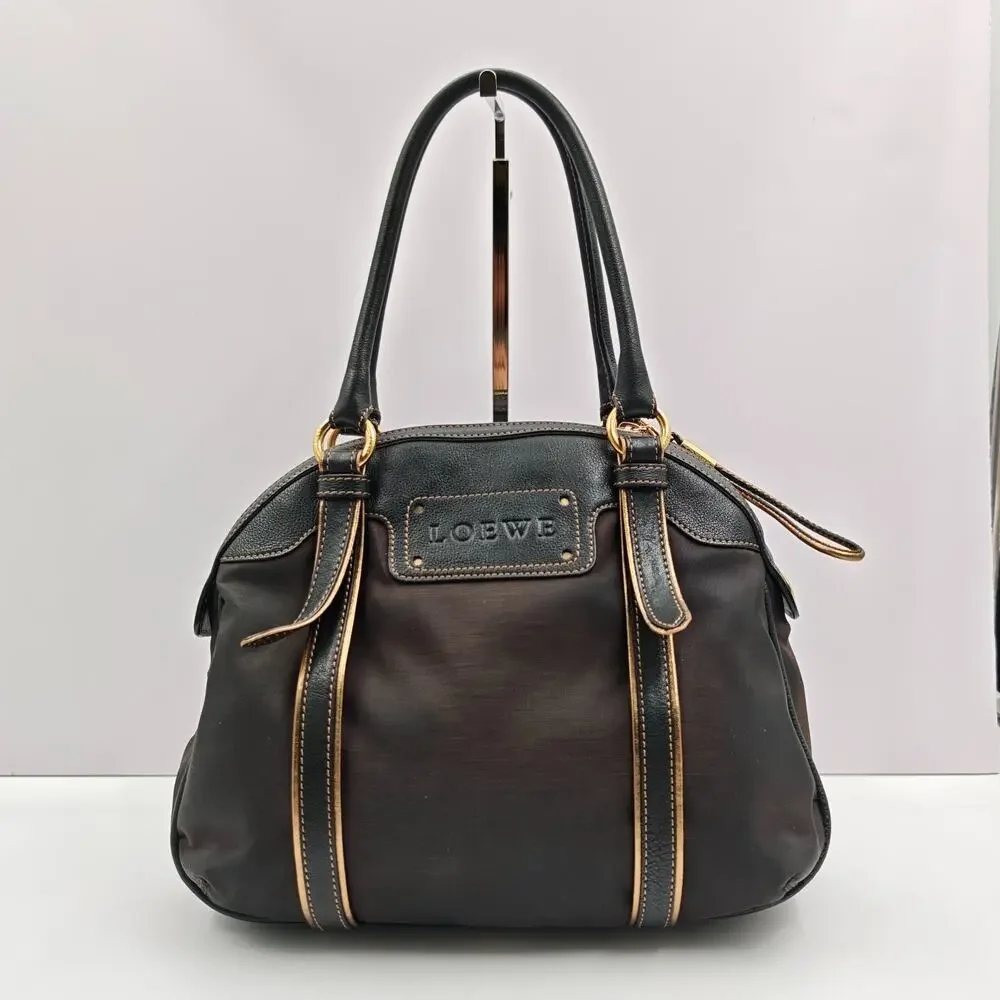 Vintage Loewe Anagram Black Nylon Leather Handbag Shoulder Bag